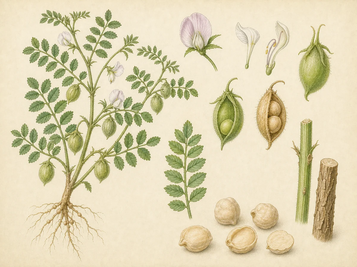 Prancha botânica complementar de Grão-de-bico (Cicer arietinum) com caracteres de identificação e ciclo de vida