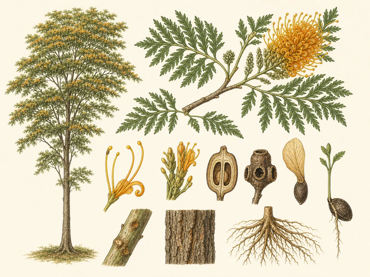 Prancha botânica complementar de Grevílea-robusta (Grevillea robusta) com caracteres de identificação e ciclo de vida