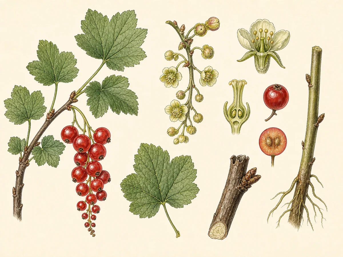 Prancha botânica complementar de Groselheira-vermelha (Ribes rubrum) com caracteres de identificação e ciclo de vida