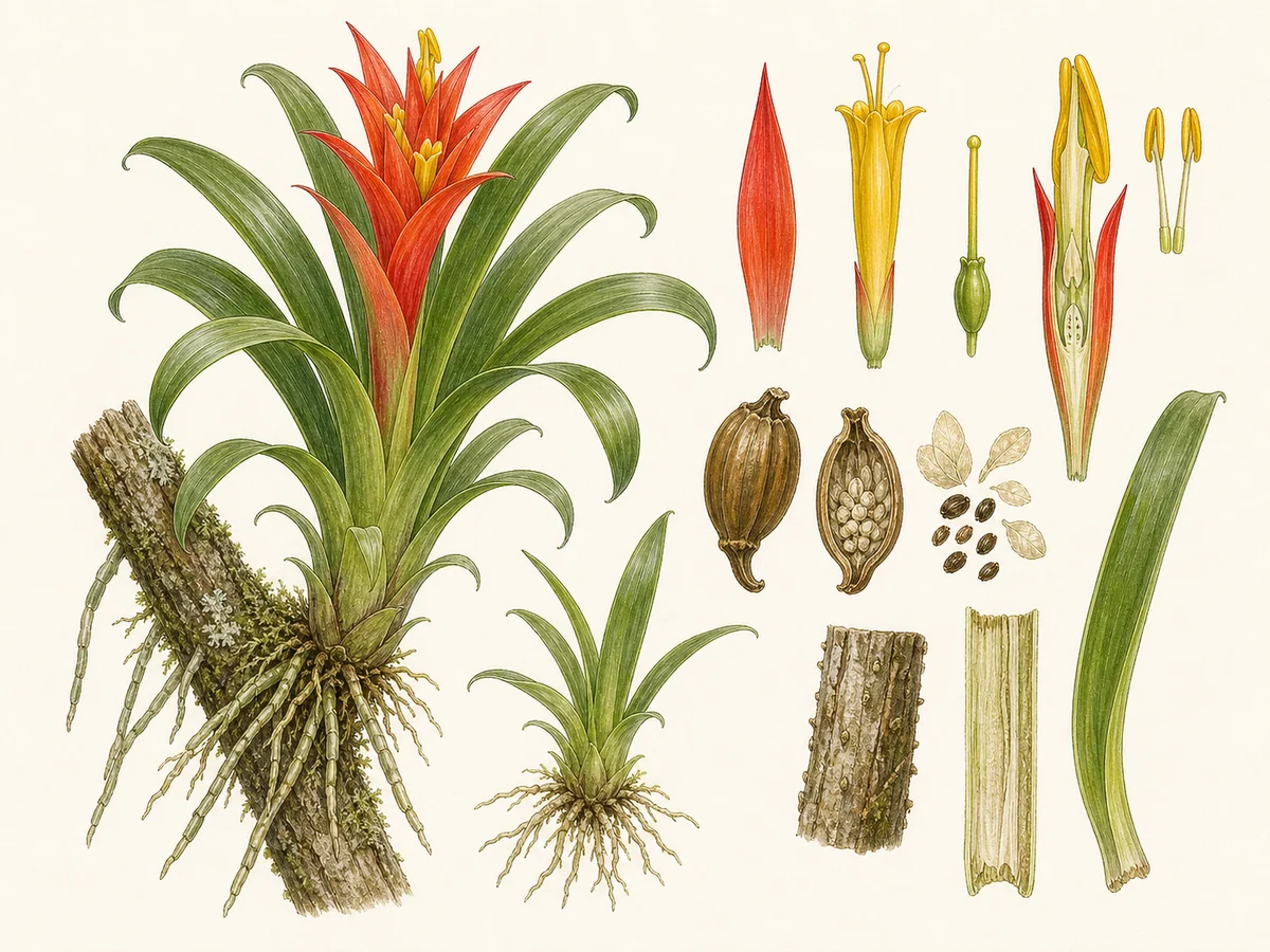 Prancha botânica complementar de Guzmânia (Guzmania lingulata) com caracteres de identificação e ciclo de vida