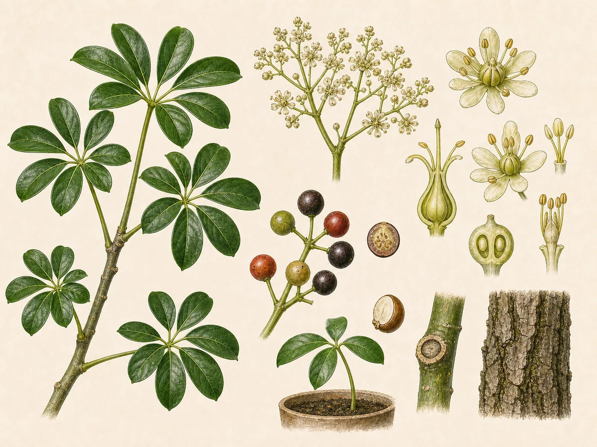 Prancha botânica complementar de Árvore-guarda-chuva-anã (Heptapleurum arboricola) com caracteres de identificação e ciclo de vida