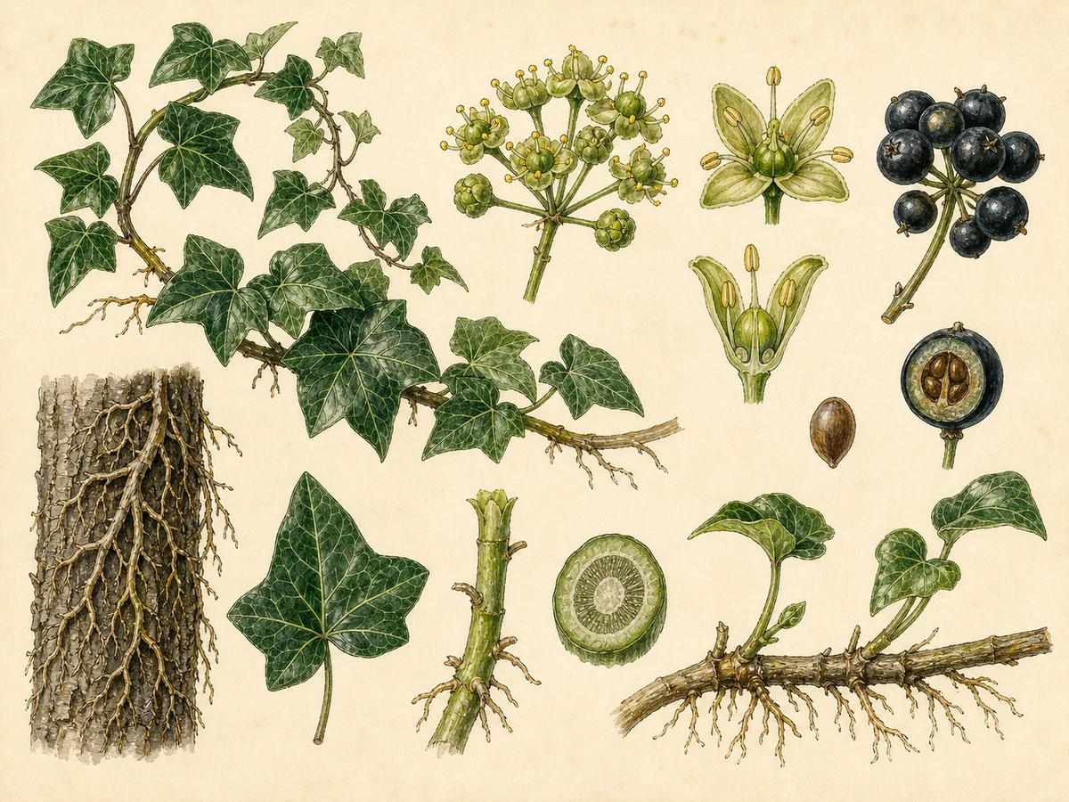 Prancha botânica complementar de Hera (Hedera helix) com caracteres de identificação e ciclo de vida