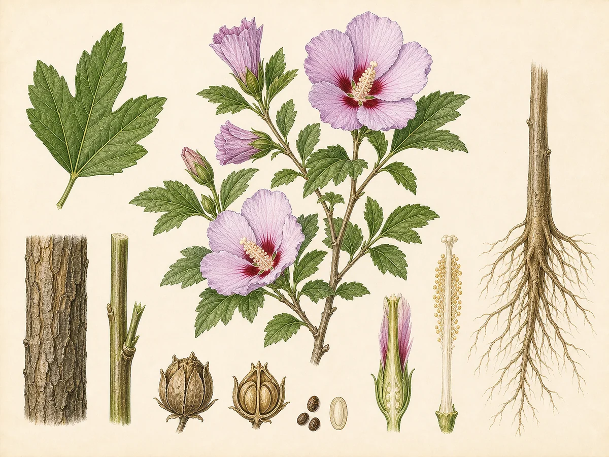 Prancha botânica complementar de Hibisco-da-Síria (Hibiscus syriacus) com caracteres de identificação e ciclo de vida