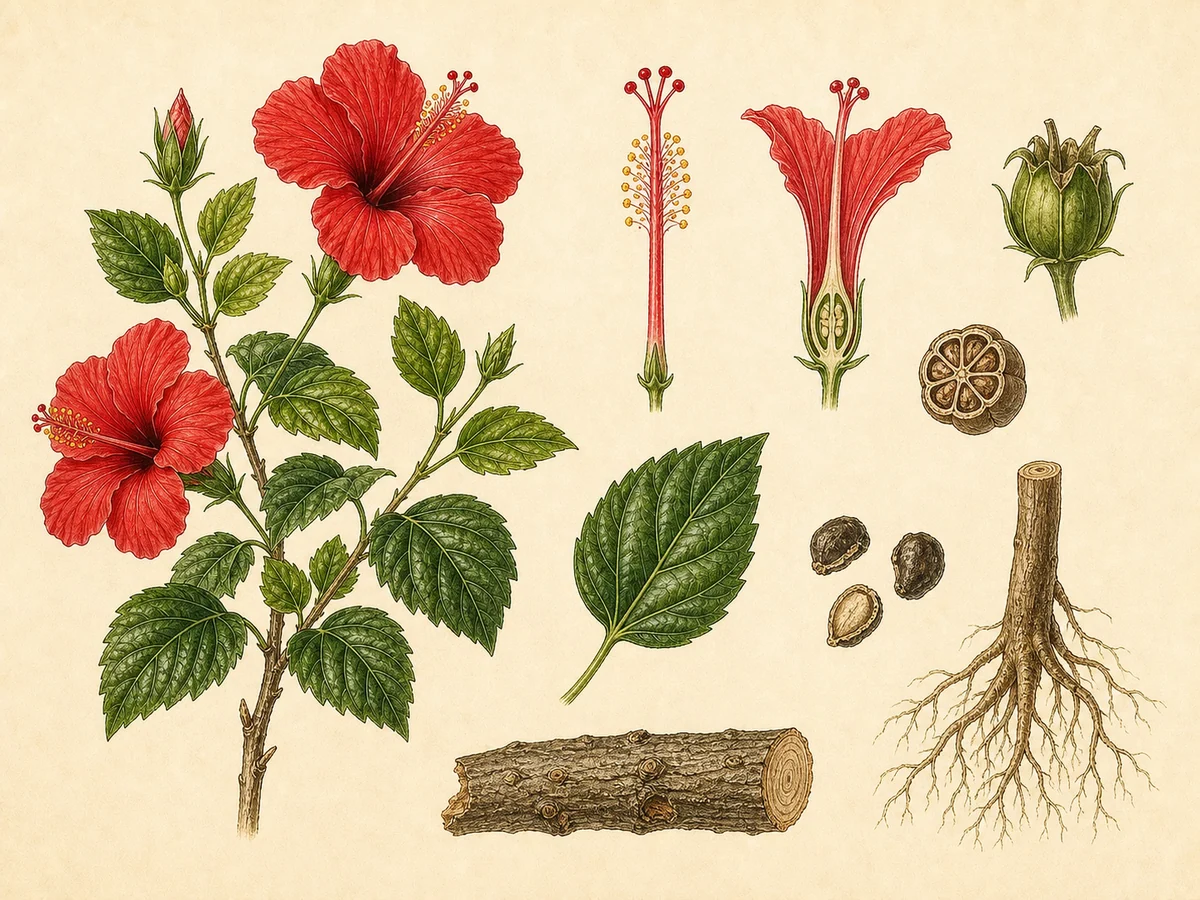 Prancha botânica complementar de Hibisco-tropical (Hibiscus × rosa-sinensis) com caracteres de identificação e ciclo de vida