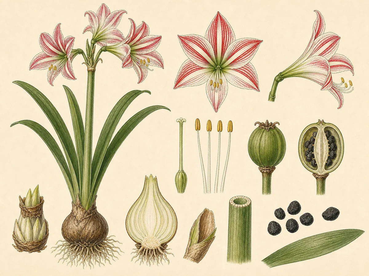 Prancha botânica complementar de Hipeastro-listrado (Hippeastrum vittatum) com caracteres de identificação e ciclo de vida
