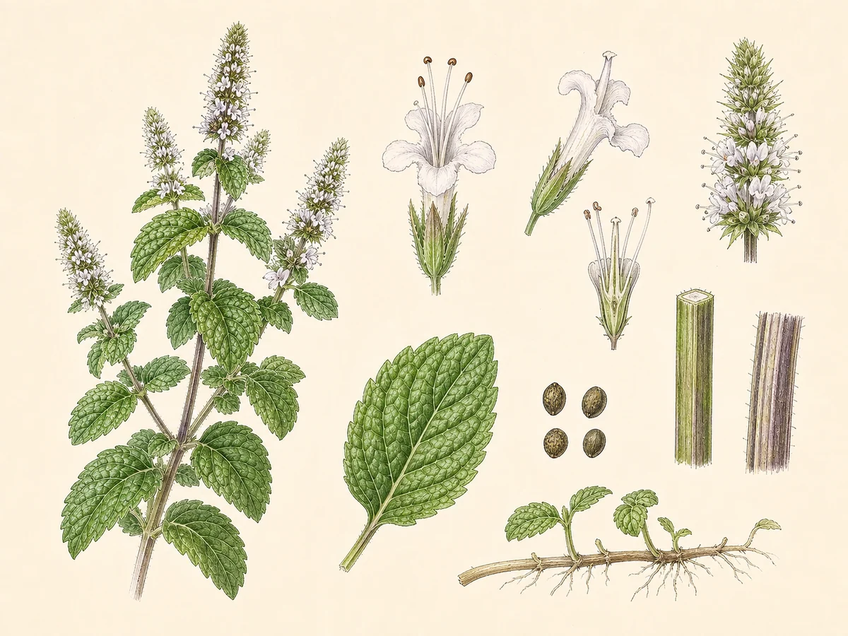 Prancha botânica complementar de Hortelã-brava (Mentha suaveolens) com caracteres de identificação e ciclo de vida