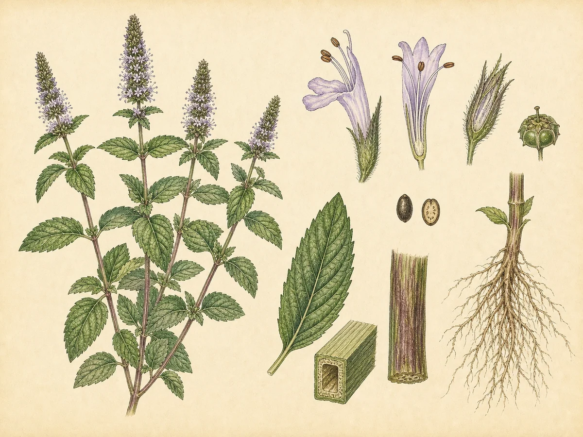 Prancha botânica complementar de Hortelã-verde (Mentha spicata) com caracteres de identificação e ciclo de vida