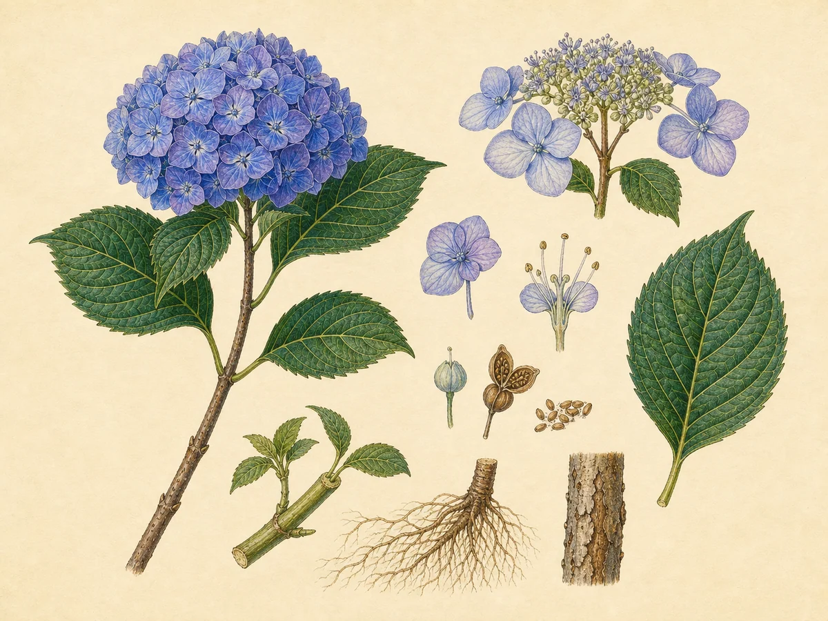 Prancha botânica complementar de Hortênsia — cultivo condicionado na Madeira (Hydrangea macrophylla) com caracteres de identificação e ciclo de vida