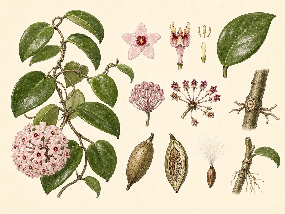 Prancha botânica complementar de Flor-de-cera (Hoya carnosa) com caracteres de identificação e ciclo de vida