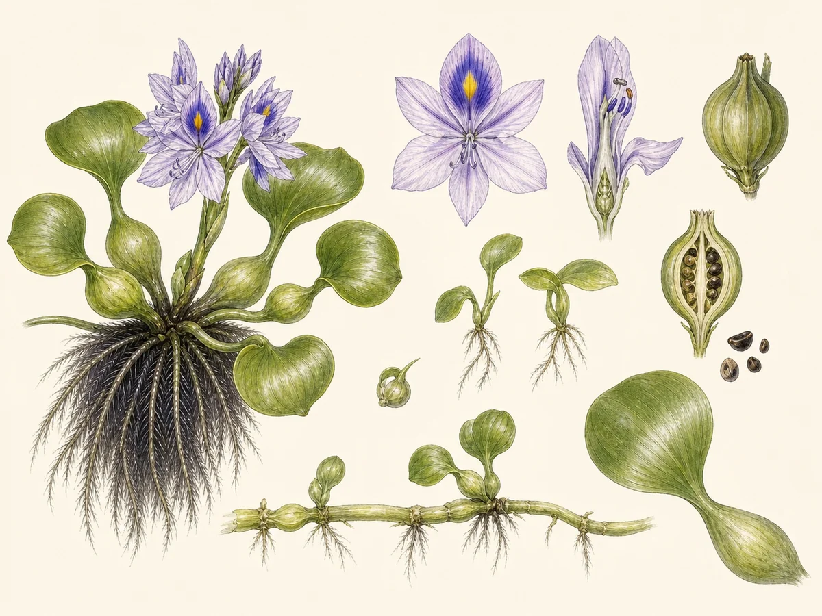 Prancha botânica complementar de Impatiens-da-Nova-Guiné (Impatiens hawkeri) com caracteres de identificação e ciclo de vida