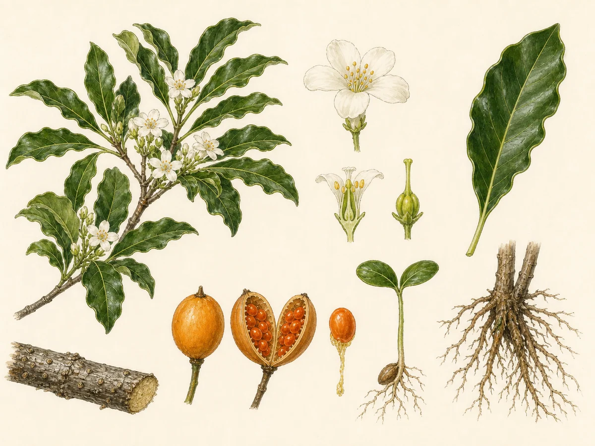 Prancha botânica complementar de Incenso — não plantar (Pittosporum undulatum) com caracteres de identificação e ciclo de vida