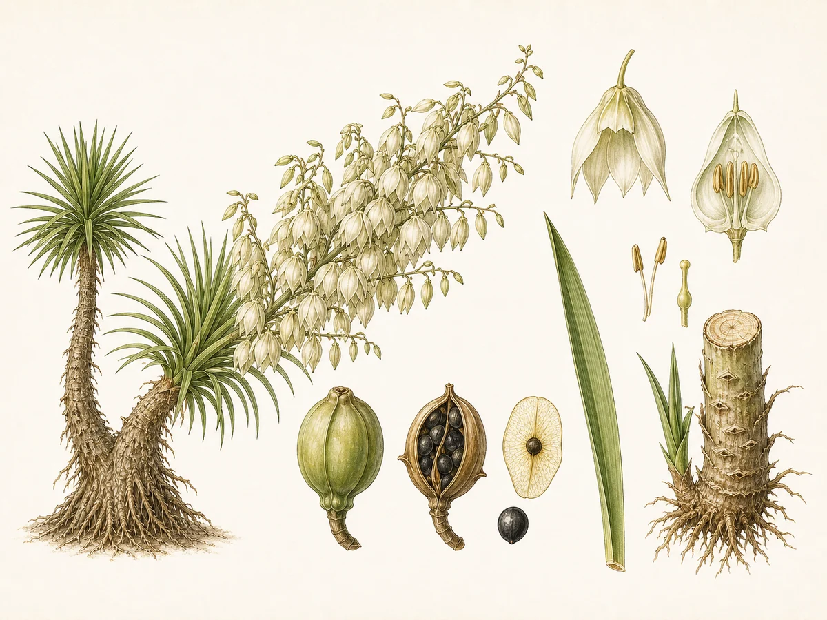 Prancha botânica complementar de Iuca-gigante (Yucca gigantea) com caracteres de identificação e ciclo de vida