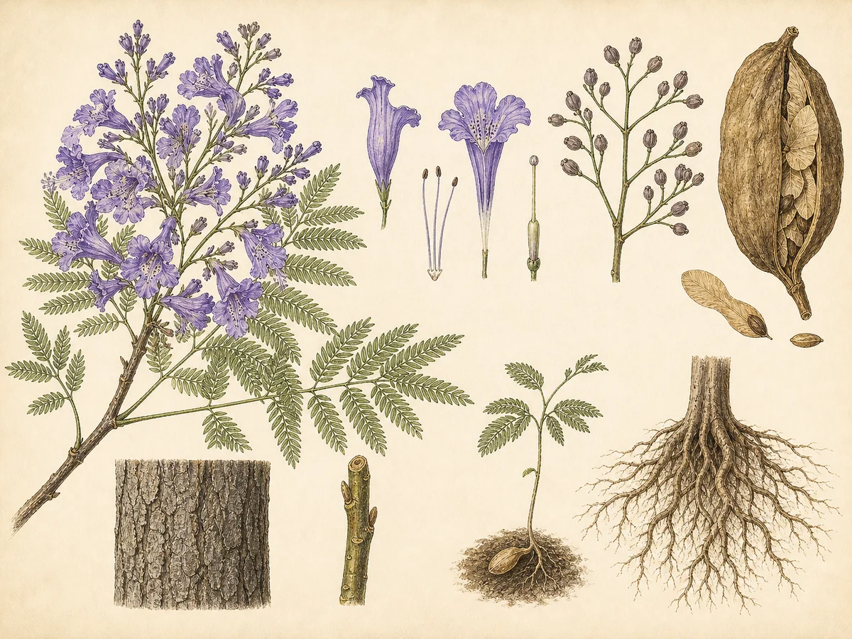Prancha botânica complementar de Jacarandá (Jacaranda mimosifolia) com caracteres de identificação e ciclo de vida