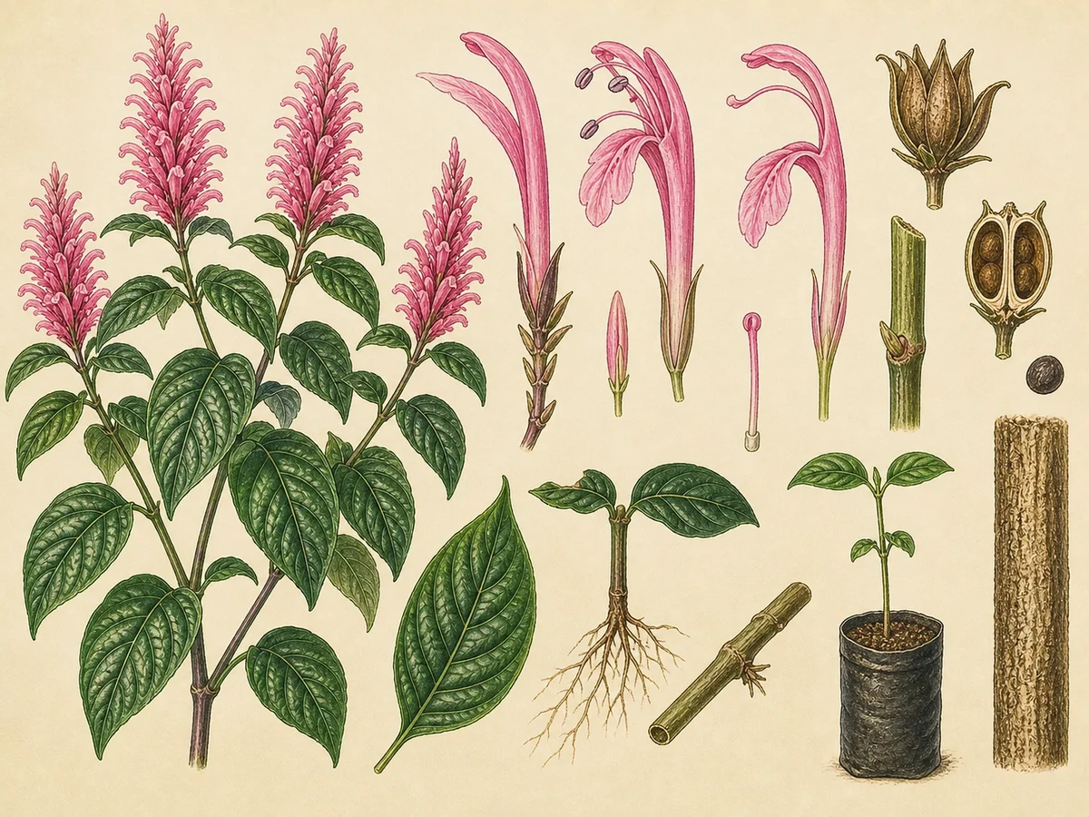 Prancha botânica complementar de Jacobínia (Justicia carnea) com caracteres de identificação e ciclo de vida