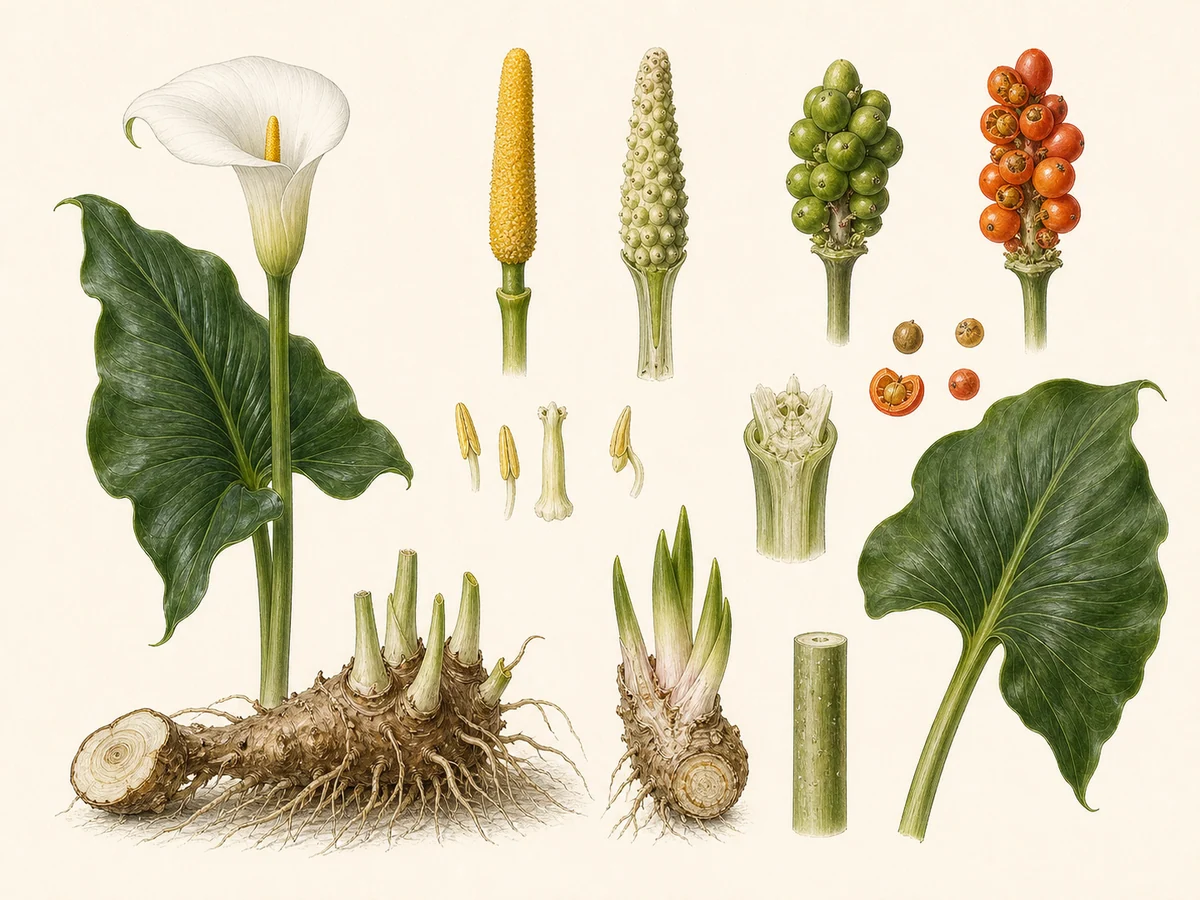 Prancha botânica complementar de Jarro-branco (Zantedeschia aethiopica) com caracteres de identificação e ciclo de vida