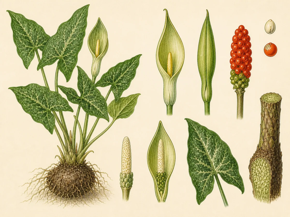 Prancha botânica complementar de Jarro-da-itália (Arum italicum) com caracteres de identificação e ciclo de vida