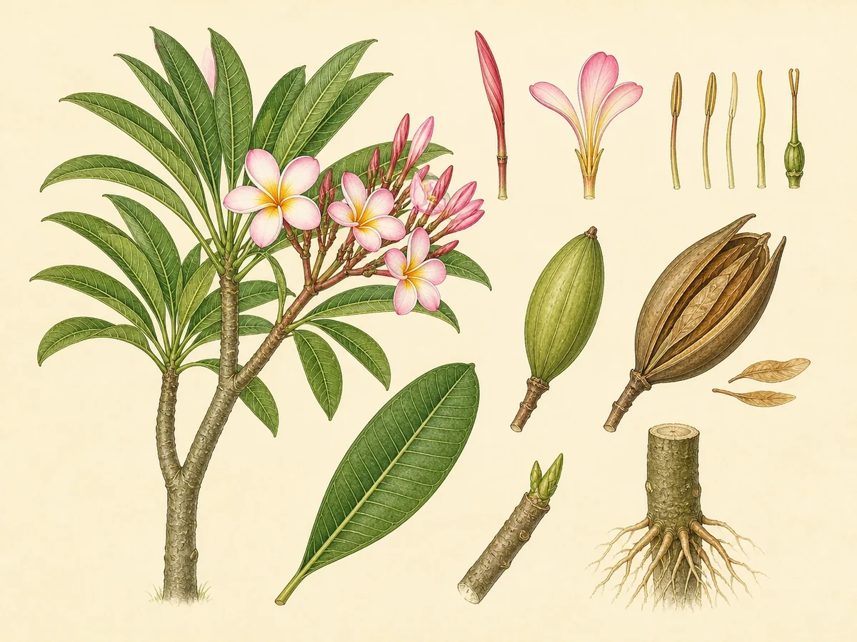 Prancha botânica complementar de Jasmim-manga (Plumeria rubra) com caracteres de identificação e ciclo de vida
