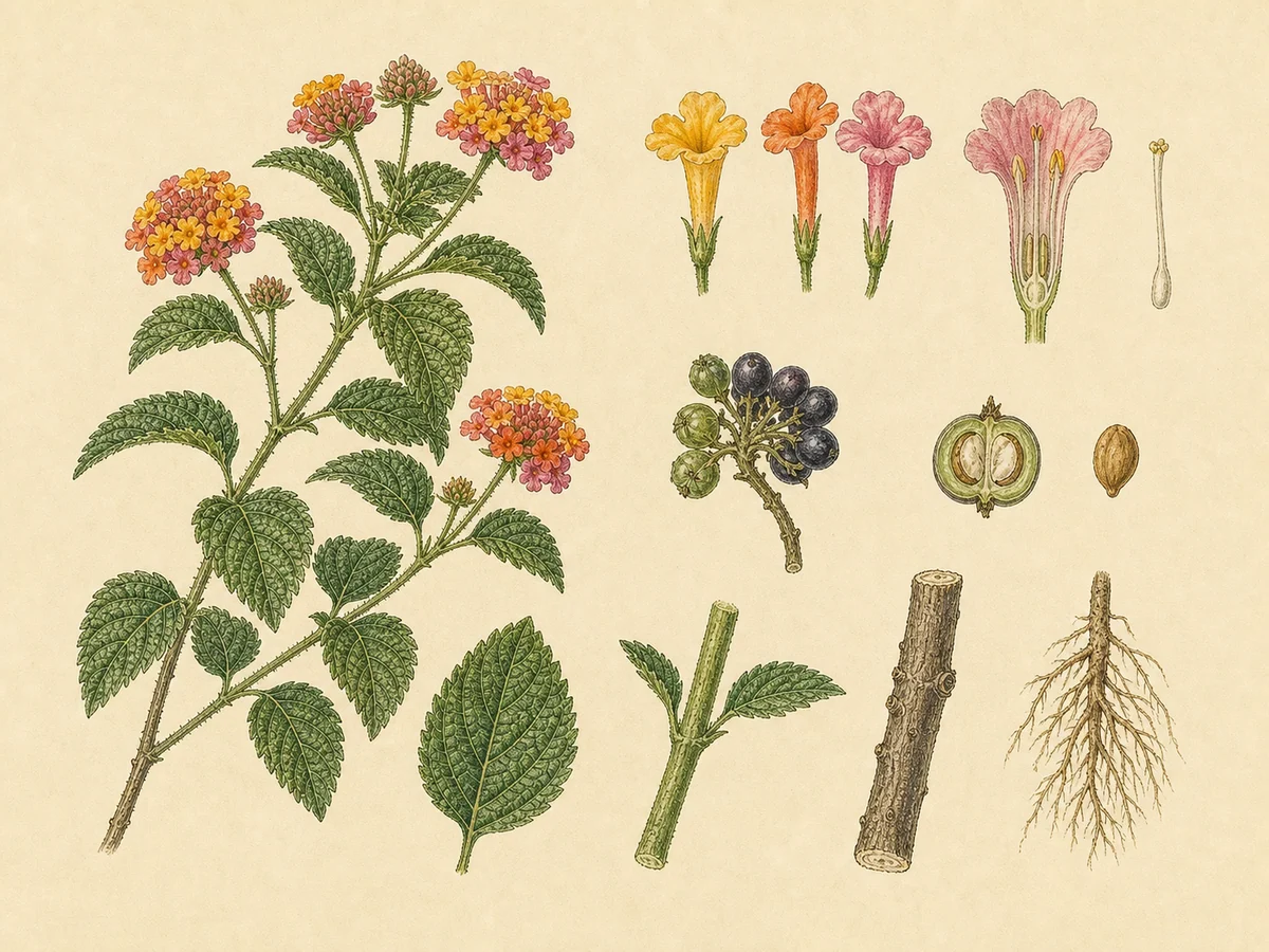 Prancha botânica complementar de Lantana (Lantana camara) com caracteres de identificação e ciclo de vida