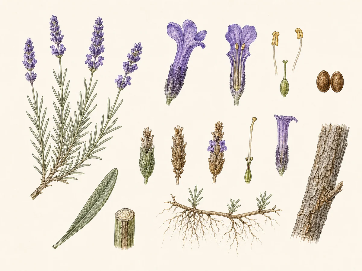 Prancha botânica complementar de Lavanda-verdadeira (Lavandula angustifolia) com caracteres de identificação e ciclo de vida