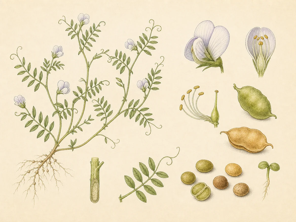 Prancha botânica complementar de Lentilha (Lens culinaris) com caracteres de identificação e ciclo de vida