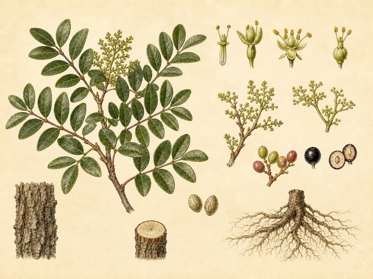 Prancha botânica complementar de Lentisco (Pistacia lentiscus) com caracteres de identificação e ciclo de vida