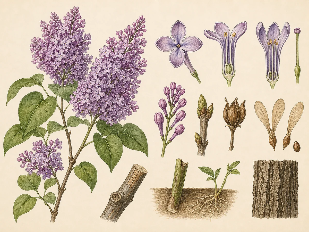 Prancha botânica complementar de Lilás (Syringa vulgaris) com caracteres de identificação e ciclo de vida