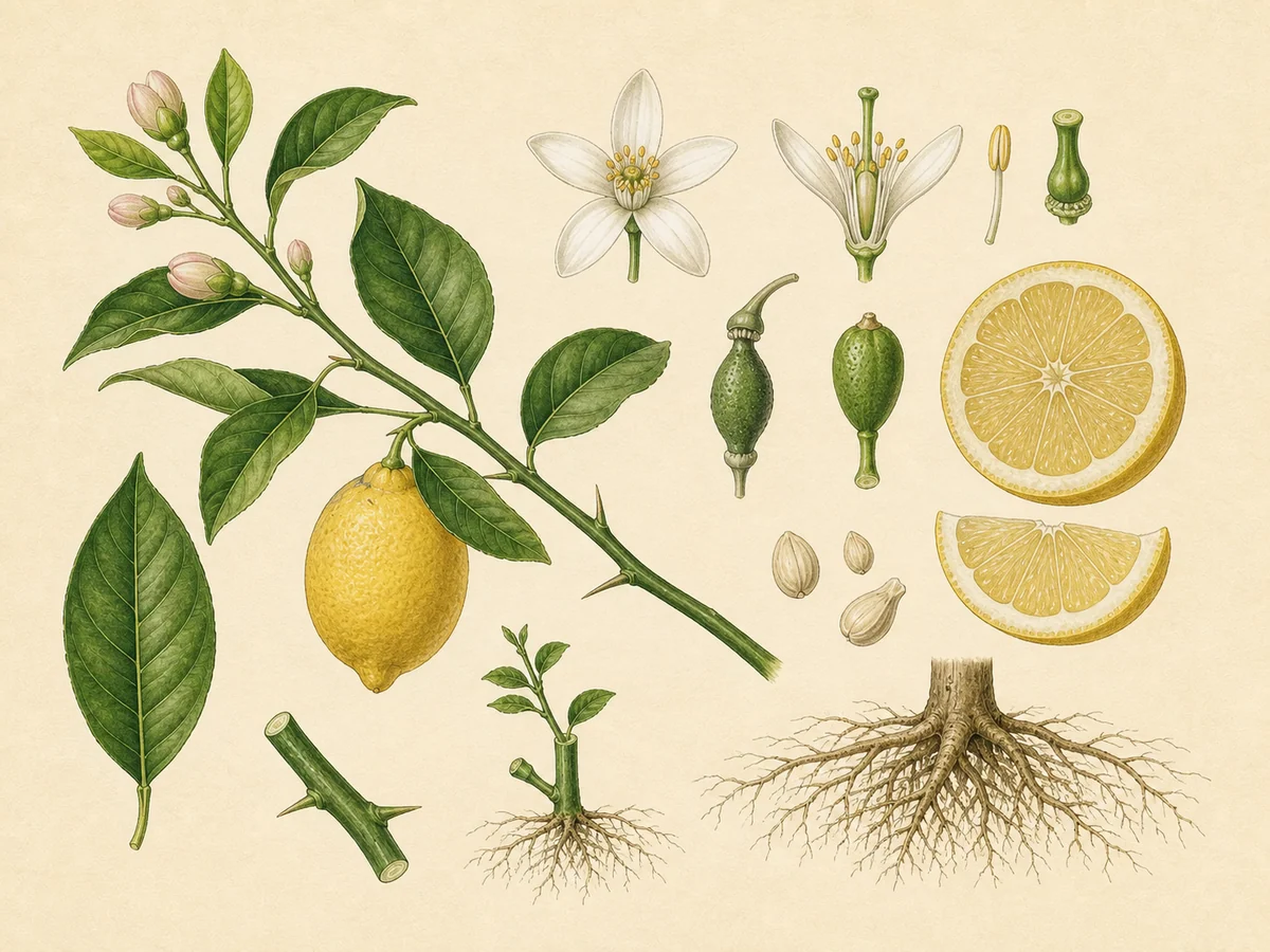Prancha botânica complementar de Limoeiro (Citrus × limon) com caracteres de identificação e ciclo de vida