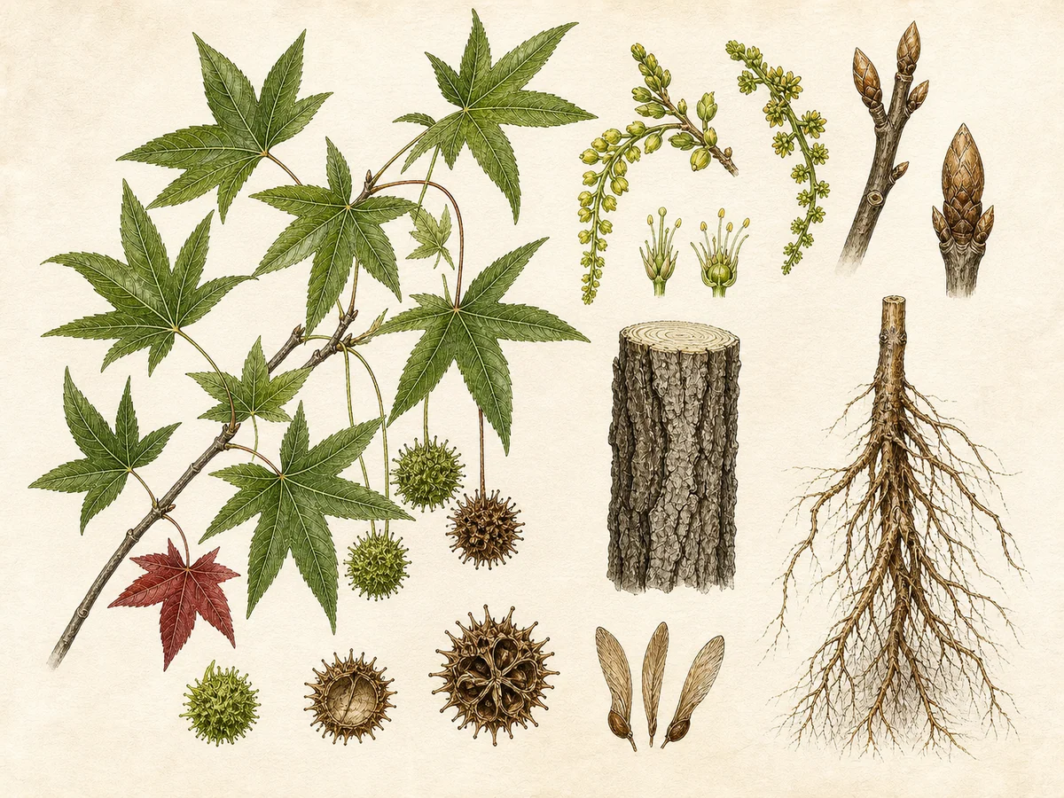 Prancha botânica complementar de Liquidâmbar (Liquidambar styraciflua) com caracteres de identificação e ciclo de vida