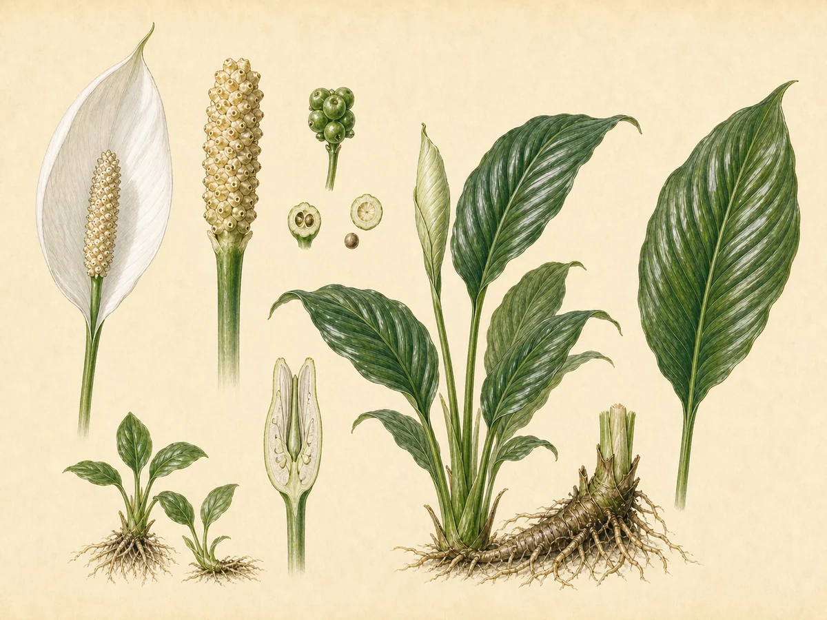 Prancha botânica complementar de Lírio-da-paz (Spathiphyllum wallisii) com caracteres de identificação e ciclo de vida
