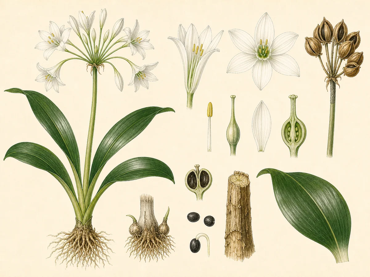 Prancha botânica complementar de Lírio-do-Amazonas (Urceolina amazonica) com caracteres de identificação e ciclo de vida