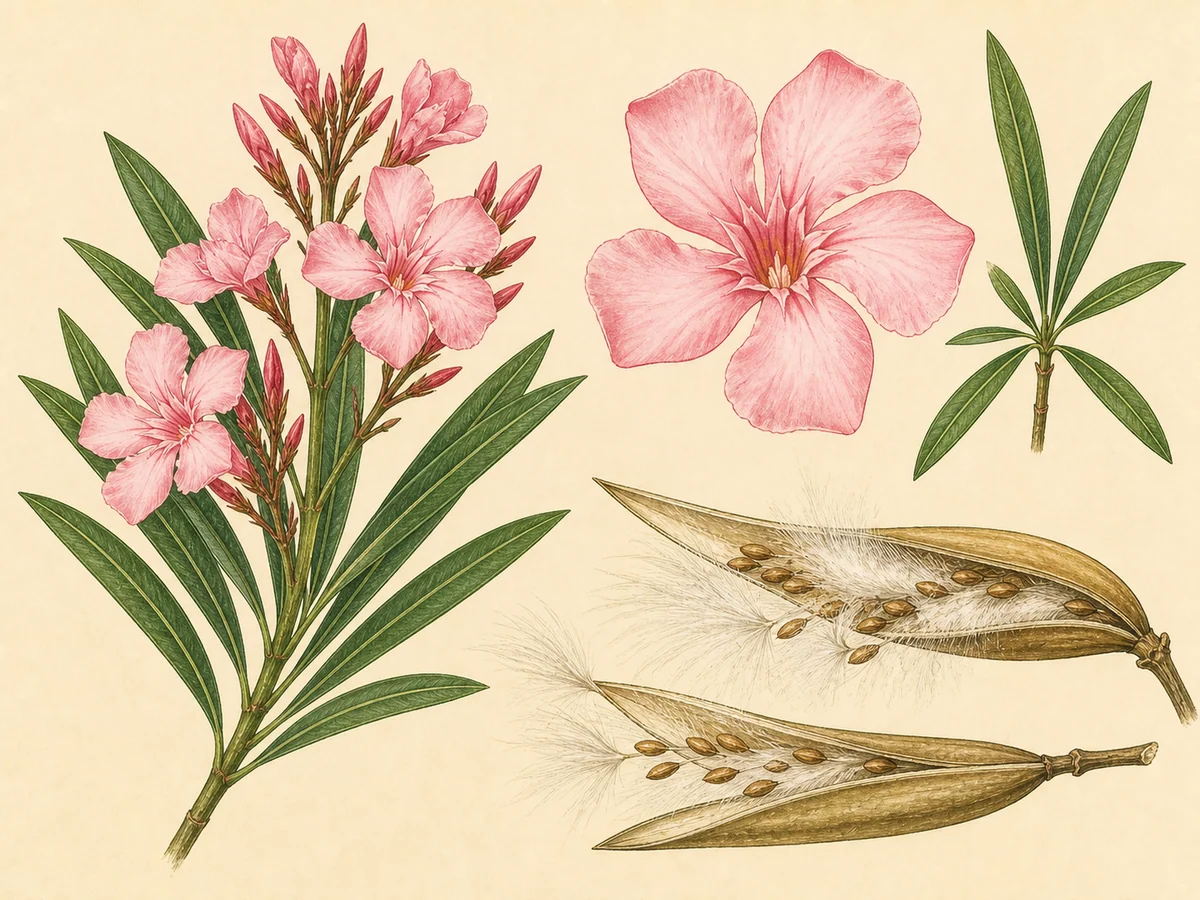 Prancha botânica complementar de Loendro (Nerium oleander) com caracteres de identificação e ciclo de vida