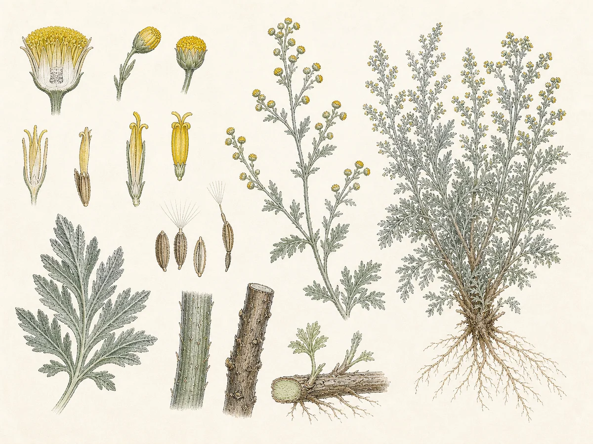 Prancha botânica complementar de Losna (Artemisia absinthium) com caracteres de identificação e ciclo de vida