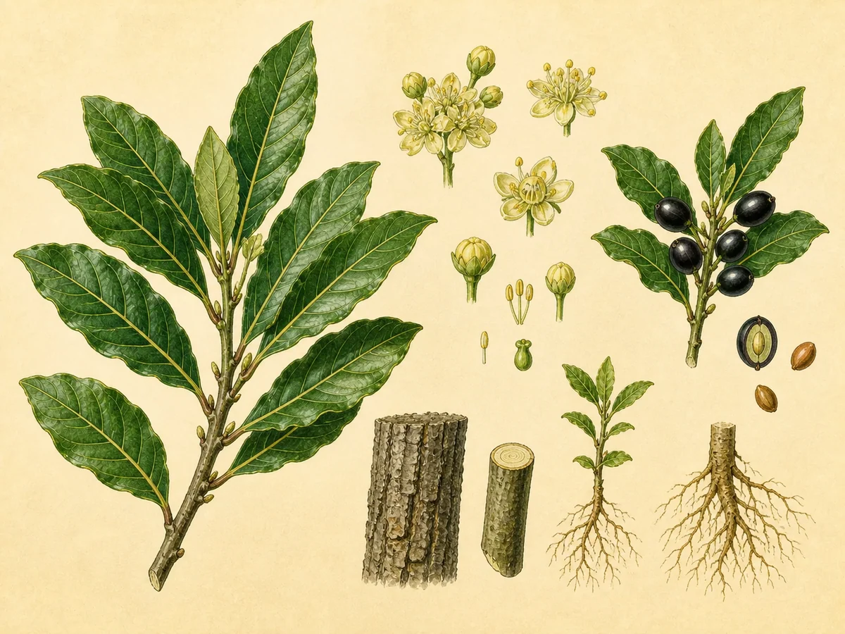 Prancha botânica complementar de Loureiro (Laurus nobilis) com caracteres de identificação e ciclo de vida