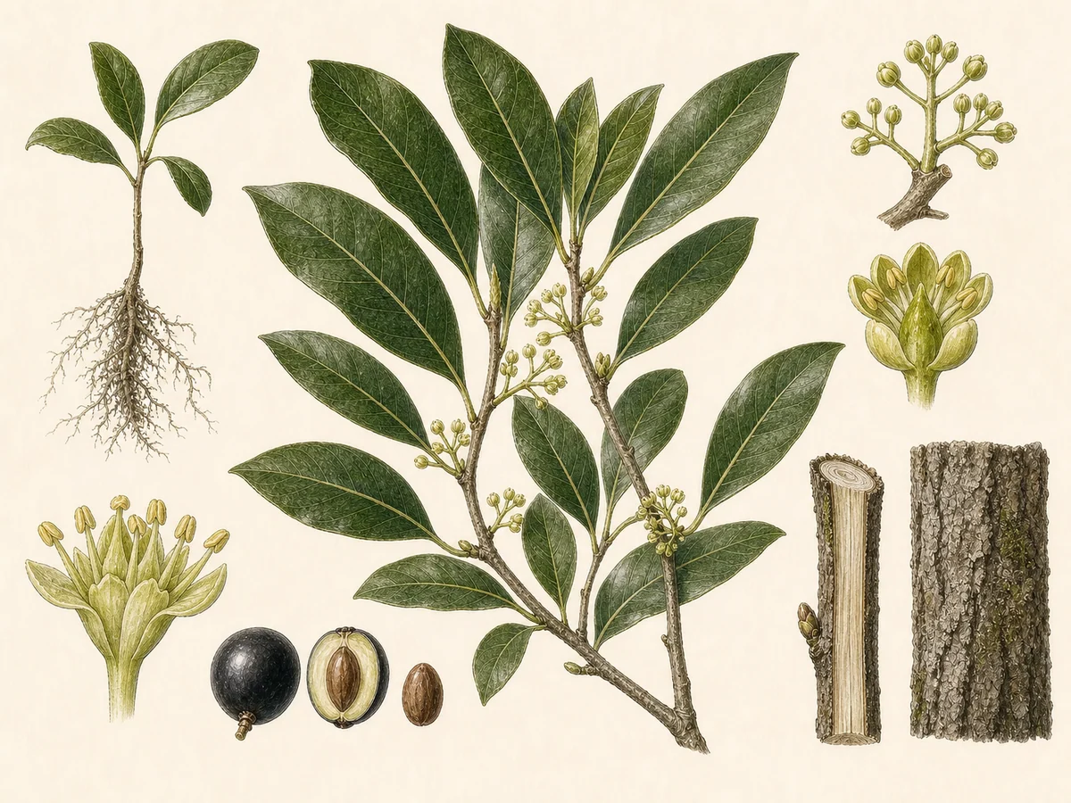 Prancha botânica complementar de Louro-dos-Açores (Laurus azorica) com caracteres de identificação e ciclo de vida