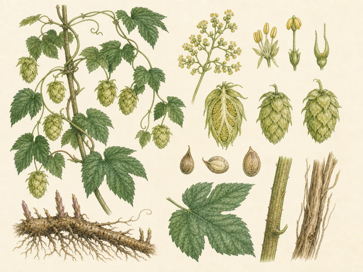 Prancha botânica complementar de Lúpulo (Humulus lupulus) com caracteres de identificação e ciclo de vida