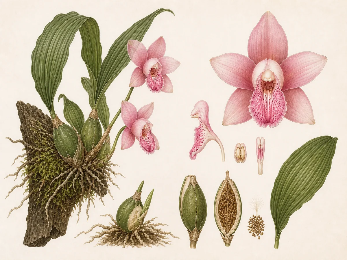 Prancha botânica complementar de Lycaste-virginal (Lycaste virginalis) com caracteres de identificação e ciclo de vida