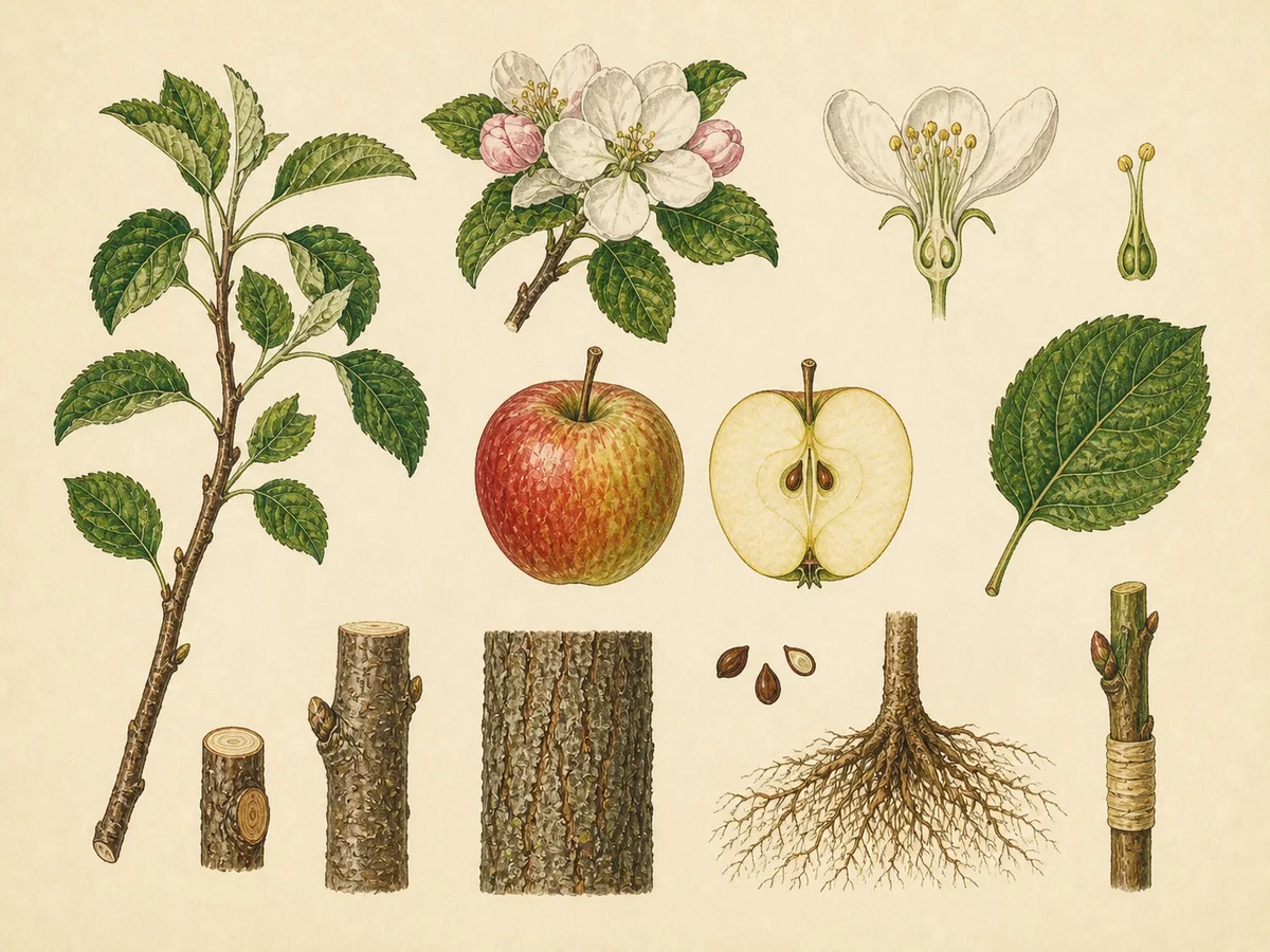 Prancha botânica complementar de Macieira (Malus domestica) com caracteres de identificação e ciclo de vida