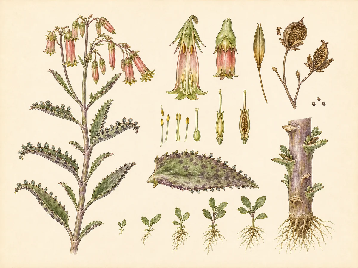 Prancha botânica complementar de Mãe-de-milhares (Kalanchoe daigremontiana) com caracteres de identificação e ciclo de vida