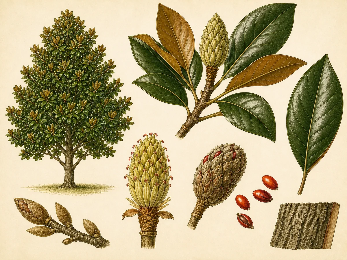 Prancha botânica complementar de Magnólia-de-folha-persistente (Magnolia grandiflora) com caracteres de identificação e ciclo de vida