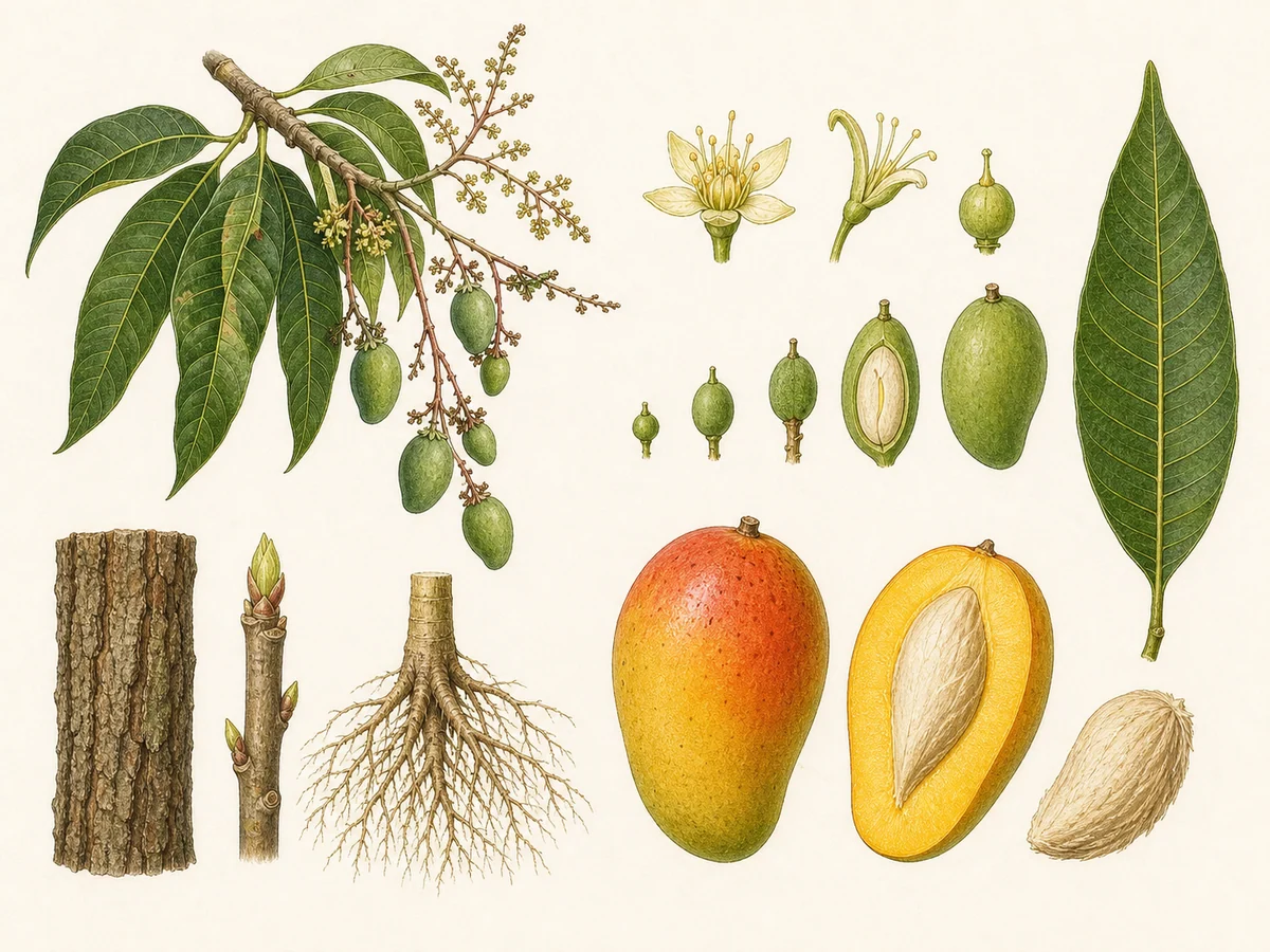 Prancha botânica complementar de Mangueira (Mangifera indica) com caracteres de identificação e ciclo de vida