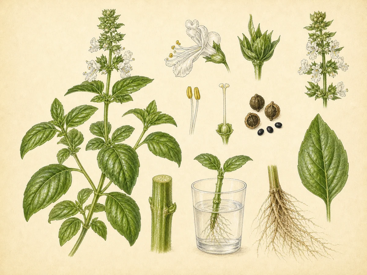 Prancha botânica complementar de Manjericão (Ocimum basilicum) com caracteres de identificação e ciclo de vida