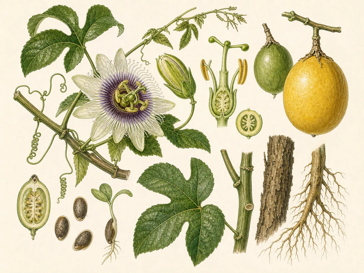 Prancha botânica complementar de Maracujá-roxo e amarelo (Passiflora edulis) com caracteres de identificação e ciclo de vida