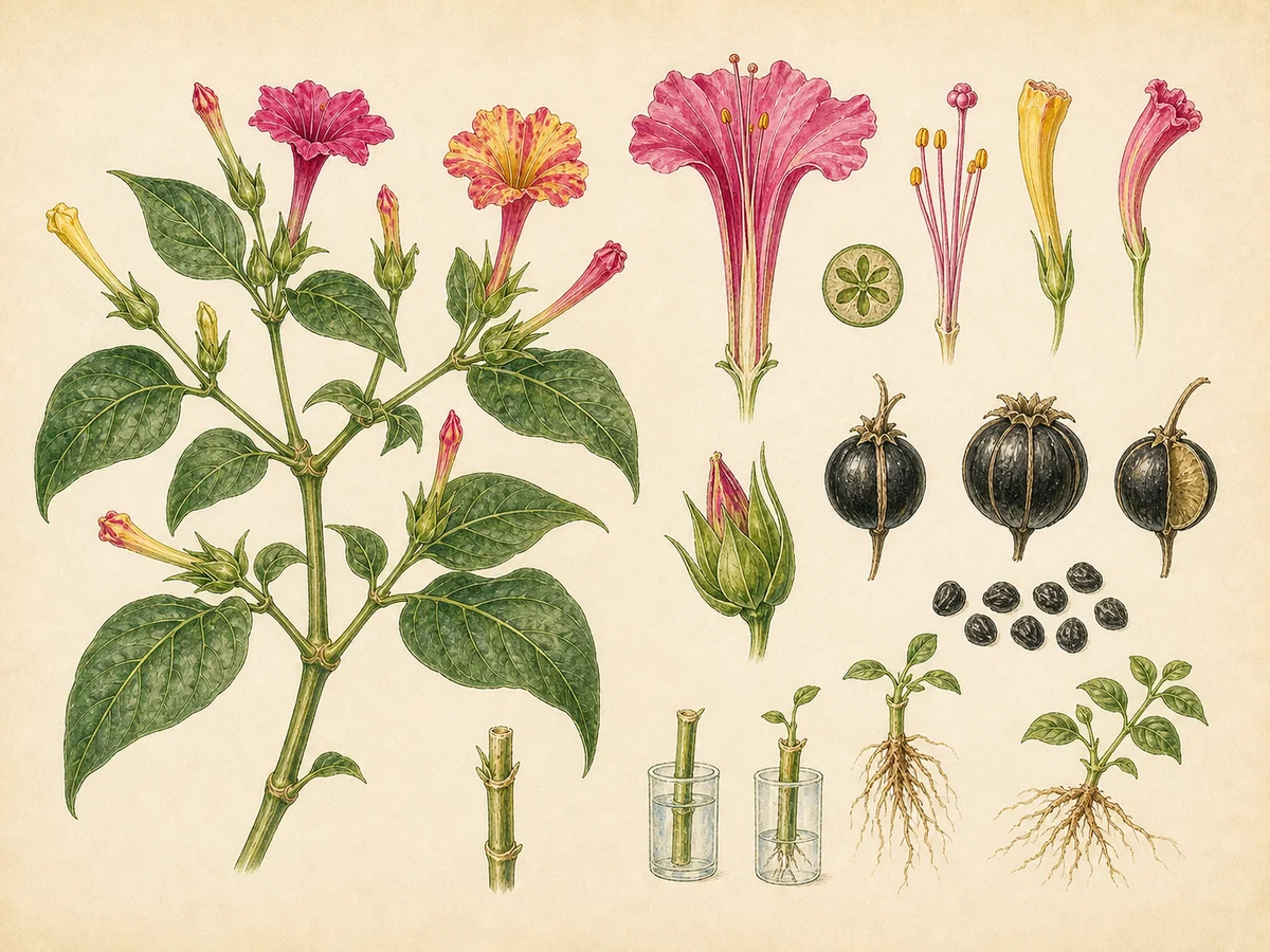 Prancha botânica complementar de Maravilha (Mirabilis jalapa) com caracteres de identificação e ciclo de vida