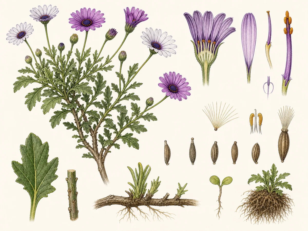 Prancha botânica complementar de Margarida-do-Cabo (Dimorphotheca ecklonis) com caracteres de identificação e ciclo de vida