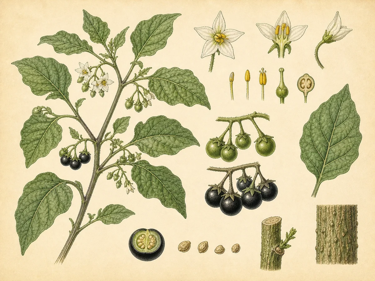 Prancha botânica complementar de Maria-preta (Solanum nigrum) com caracteres de identificação e ciclo de vida