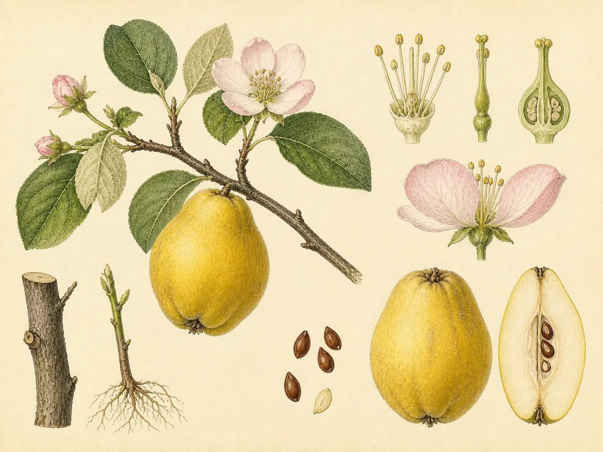 Prancha botânica complementar de Marmeleiro (Cydonia oblonga) com caracteres de identificação e ciclo de vida
