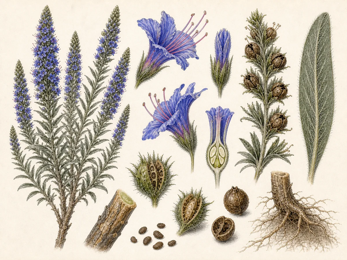 Prancha botânica complementar de Massaroco-da-Madeira (Echium candicans) com caracteres de identificação e ciclo de vida