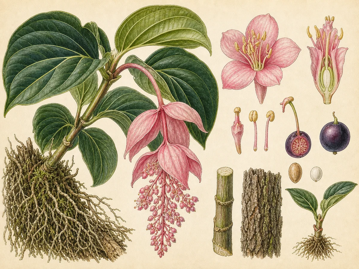 Prancha botânica complementar de Medinila (Medinilla magnifica) com caracteres de identificação e ciclo de vida