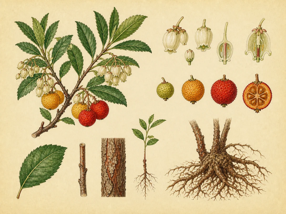 Prancha botânica complementar de Medronheiro (Arbutus unedo) com caracteres de identificação e ciclo de vida