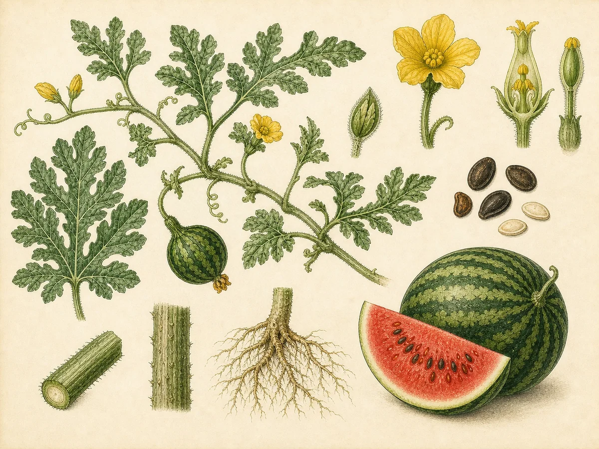 Prancha botânica complementar de Melancia (Citrullus lanatus) com caracteres de identificação e ciclo de vida